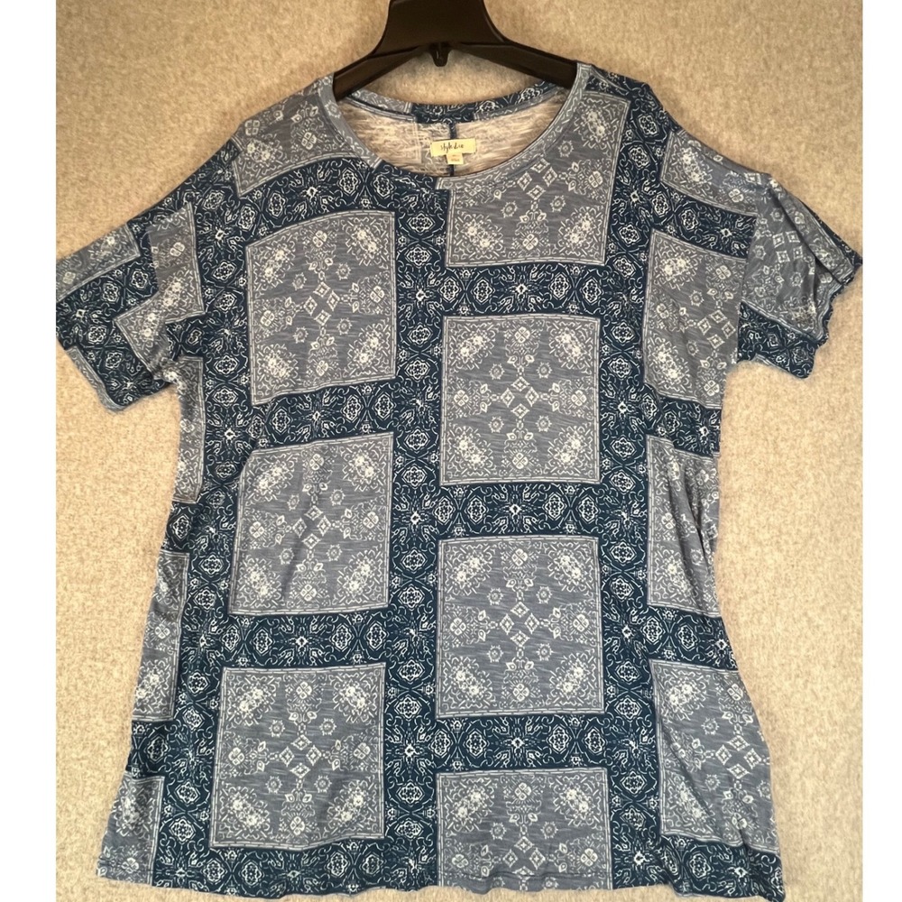 Style & Co T-Shirt Womens XL Blue Patchwork Bandana Stretch Short Sleeve Top
